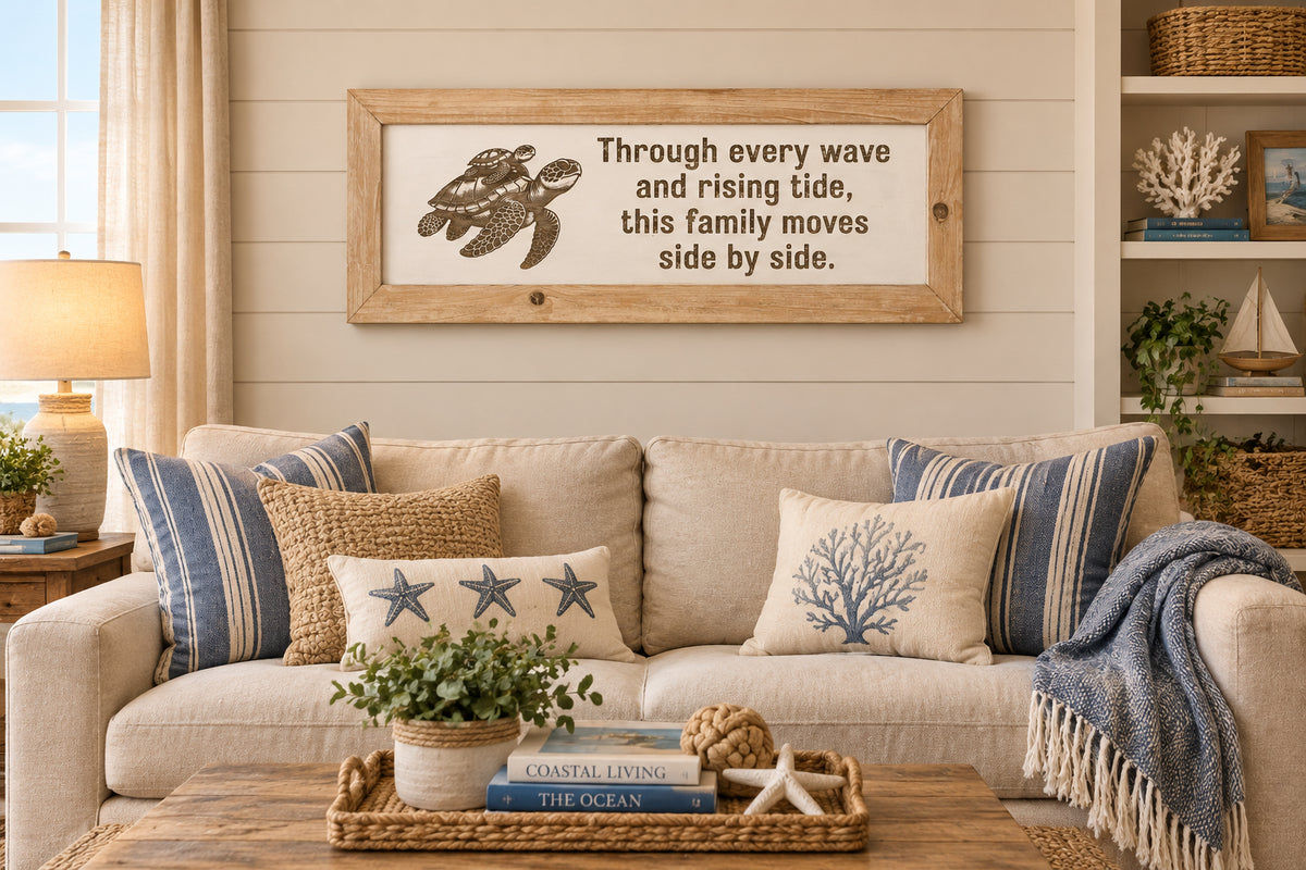 Turtle Family Sign – Framed Engraved Coastal Décor
